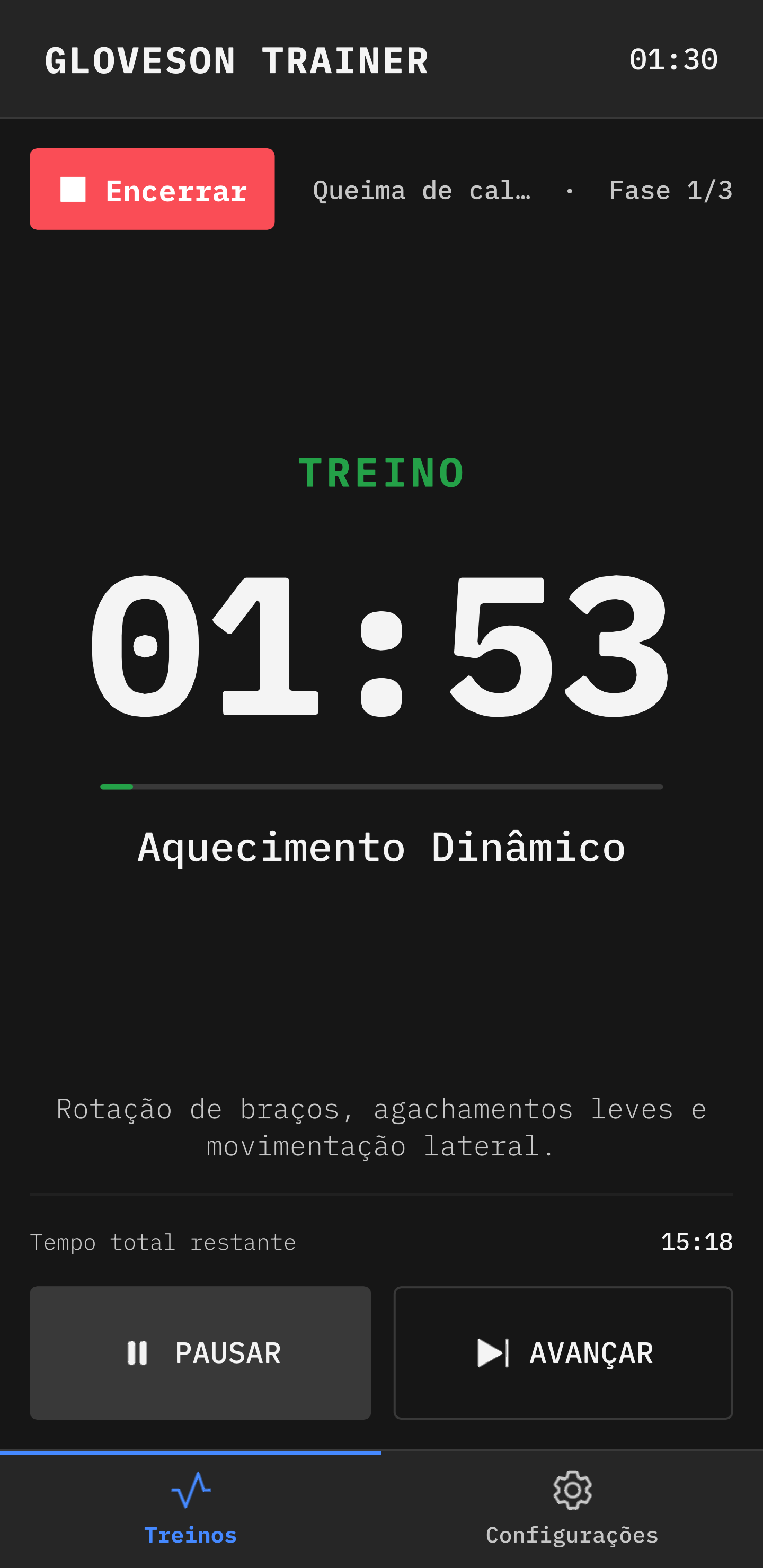 GlovesOn Trainer: tela de treino em curso com tempo, fase e números grandes para leitura à distância